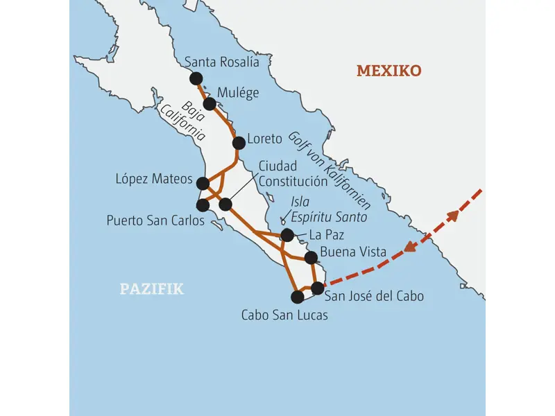 Karte der Marco Polo Rundreise in Mexiko auf der Baja California von San José del Cabo über Loreto, Santa Rosalía und La Paz.