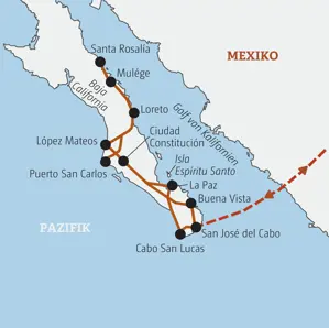 Karte der Marco Polo Rundreise in Mexiko auf der Baja California von San José del Cabo über Loreto, Santa Rosalía und La Paz.