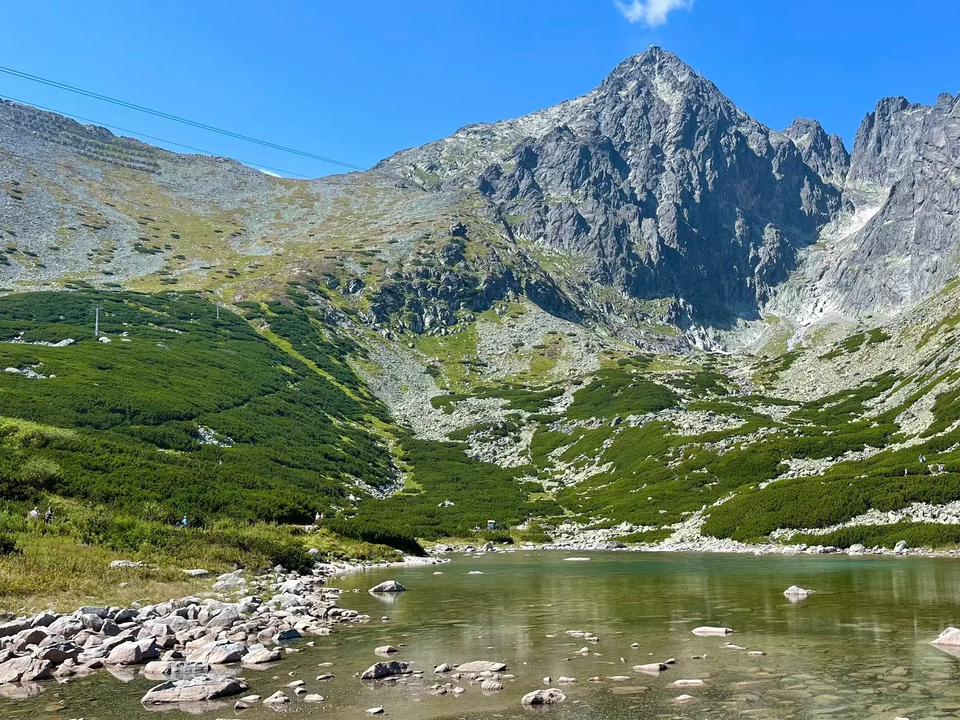 Blick über den steinigen Skalnata See auf den felsigen Gipfel des Lomnicki während einer Wanderung in der Hohen Tatra.