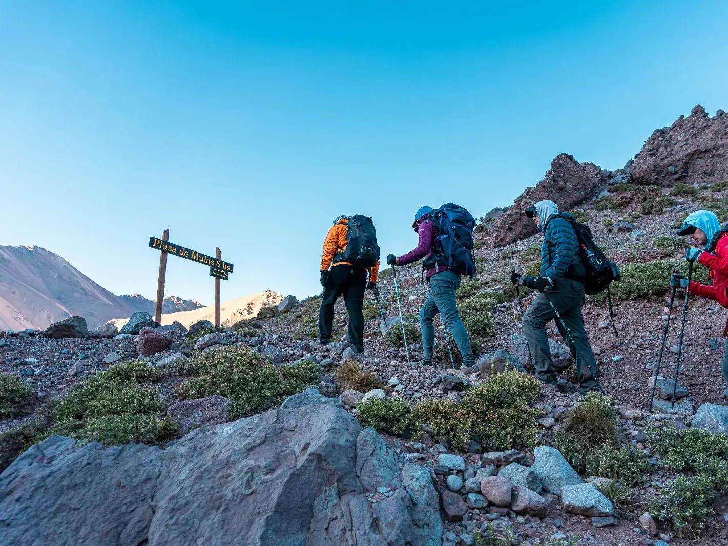 Eine Wandergruppe mit Rucksäcken und Stöcken folgt einem steinigen Pfad in Richtung des Basislagers Plaza de Mulas am Aconcagua.