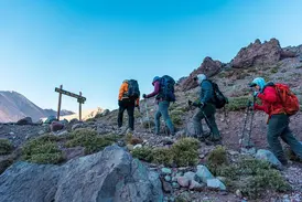 Eine Wandergruppe mit Rucksäcken und Stöcken folgt einem steinigen Pfad in Richtung des Basislagers Plaza de Mulas am Aconcagua.