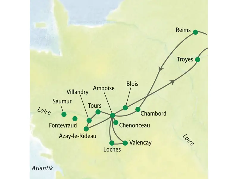 Karte der Studiosus-Studienreise ins Loiretal: Route zu den Schlössern Chambord, Chenonceau, Amboise und Villandry.