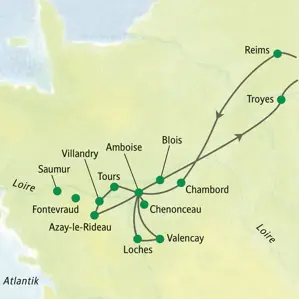 Karte der Studiosus-Studienreise ins Loiretal: Route zu den Schlössern Chambord, Chenonceau, Amboise und Villandry.
