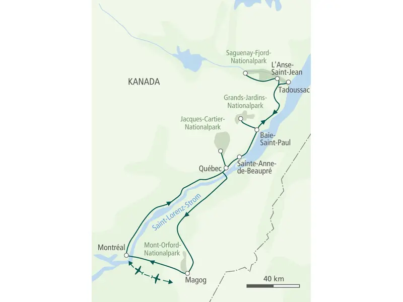 Routenverlauf der Wanderreise in Ost-Kanada: Von Montréal über Québec und Tadoussac durch mehrere Nationalparks.