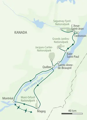 Routenverlauf der Wanderreise in Ost-Kanada: Von Montréal über Québec und Tadoussac durch mehrere Nationalparks.