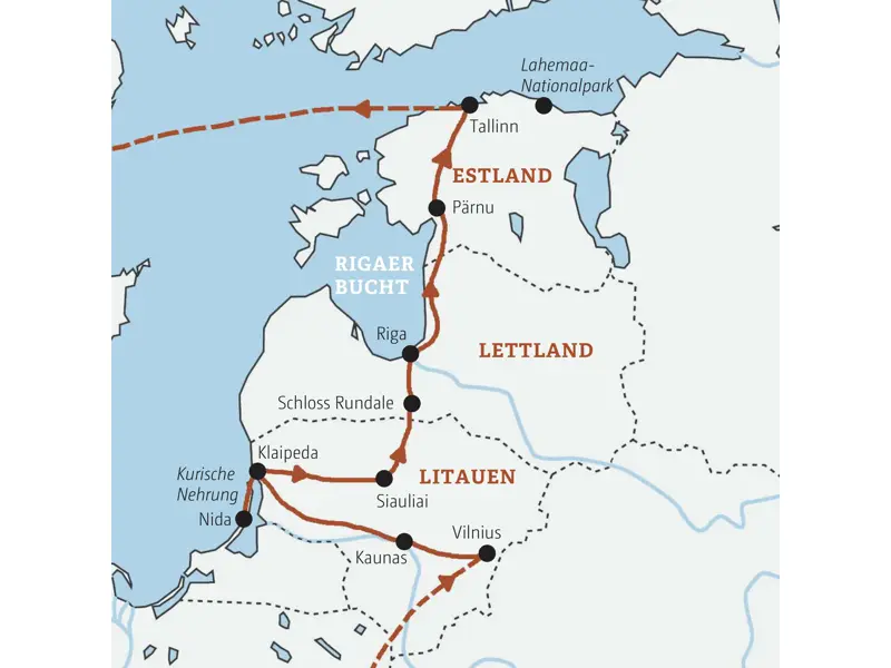 Karte der geführten Rundreise im Baltikum: Route von Vilnius über Klaipeda und Riga nach Tallinn in Estland.