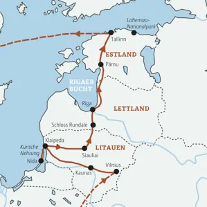 Karte der geführten Rundreise im Baltikum: Route von Vilnius über Klaipeda und Riga nach Tallinn in Estland.