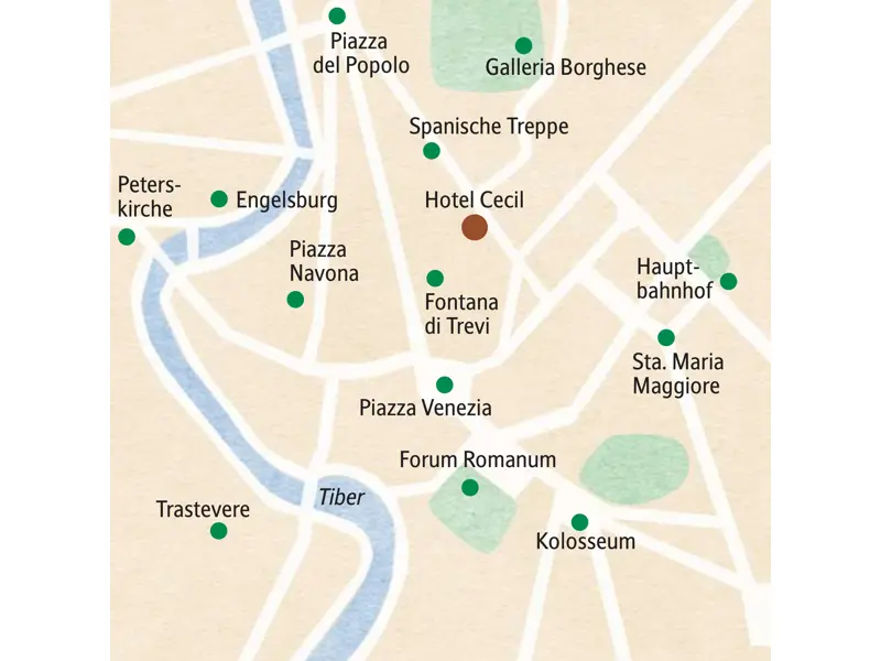 Stadtplan für Ihre Studienreise in Rom: das zentrale Hotel Cecil liegt unweit von Kolosseum, Spanischer Treppe und Peterskirche.