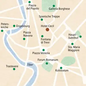 Stadtplan für Ihre Studienreise in Rom: das zentrale Hotel Cecil liegt unweit von Kolosseum, Spanischer Treppe und Peterskirche.