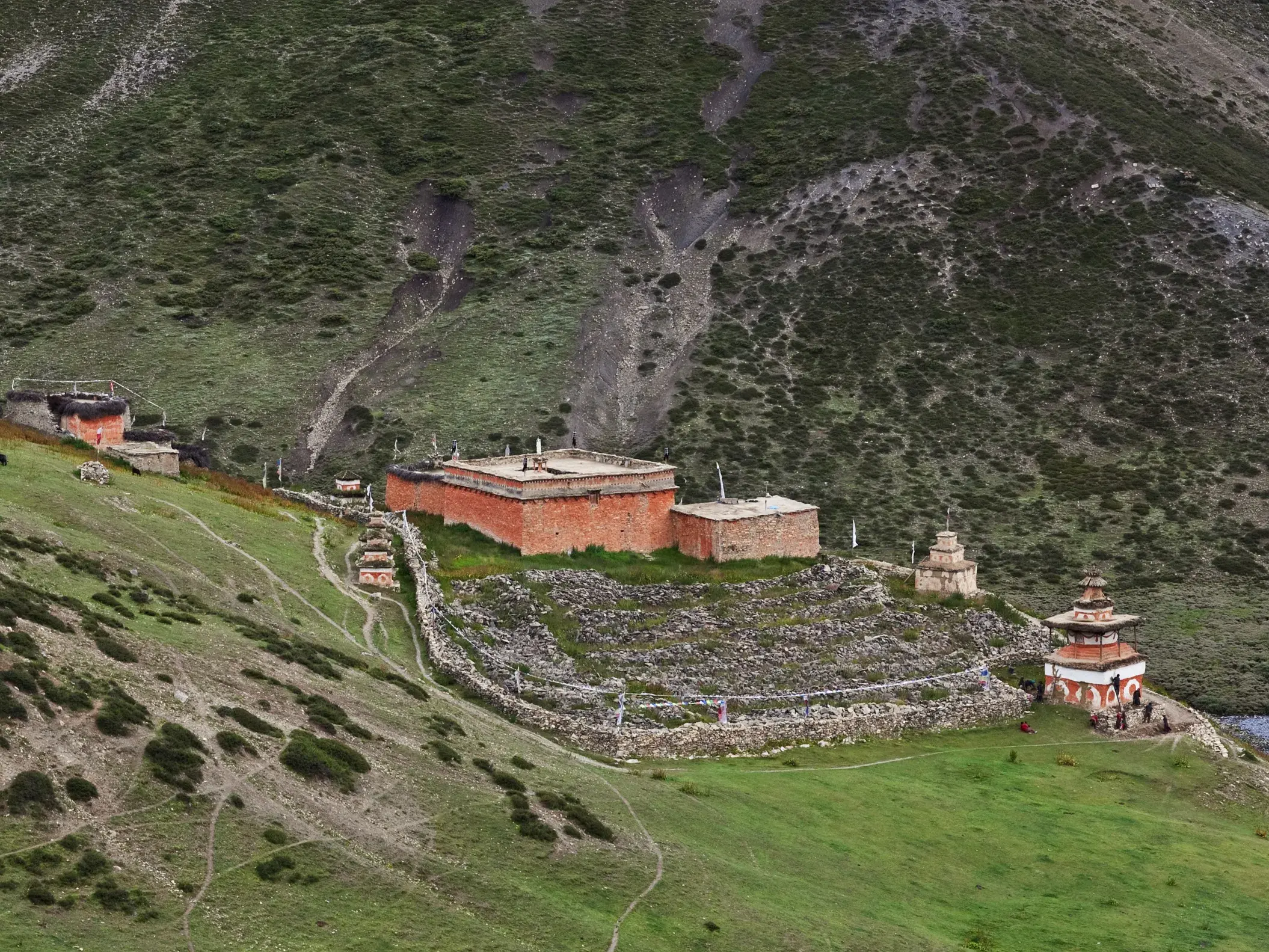 Rötliche Gebäude des Klosters Shey Gompa an einem grünen Berghang im abgelegenen Inneren Dolpo in Nepal auf einer Trekkingreise.
