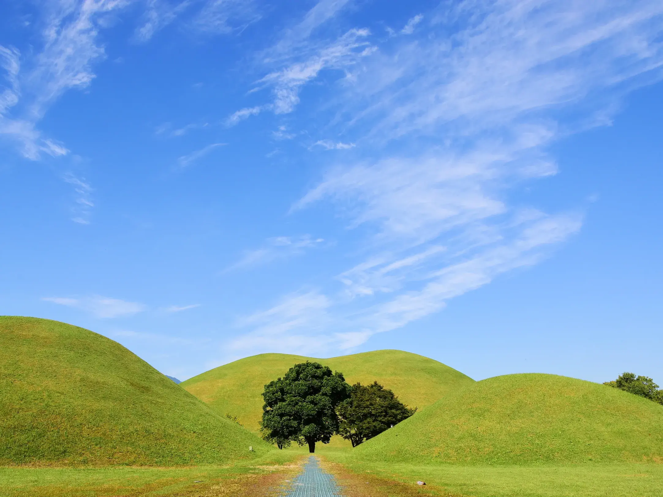 Die sanften, grasbewachsenen Grabhügel der Silla-Könige in Gyeongju, Südkorea, unter einem strahlend blauen Himmel.