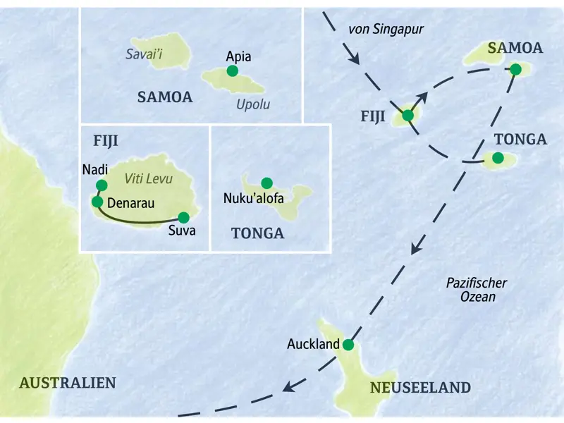 Reiseroute unserer Studienreise in die Südsee. Die Route führt von Fiji, Samoa und Tonga bis nach Auckland in Neuseeland.