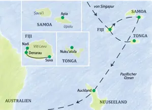 Reiseroute unserer Studienreise in die Südsee. Die Route führt von Fiji, Samoa und Tonga bis nach Auckland in Neuseeland.