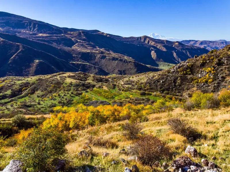 Panoramablick beim Wandern in Armenien über herbstliche Täler auf den schneebedeckten Berg Ararat unter klarem blauen Himmel.