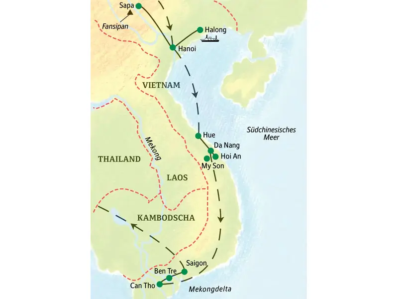 Routenverlauf der geführten Rundreise in Vietnam: von Hanoi und Sapa im Norden über Hue bis nach Saigon ins Mekongdelta.