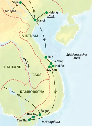 Routenverlauf der geführten Rundreise in Vietnam: von Hanoi und Sapa im Norden über Hue bis nach Saigon ins Mekongdelta.