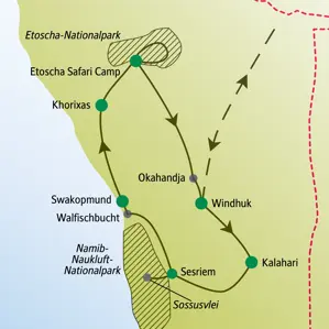 Reiseroute unserer Singlereise durch Namibia: von Windhuk über Kalahari, Sossusvlei und Swakopmund zum Etoscha-Nationalpark.