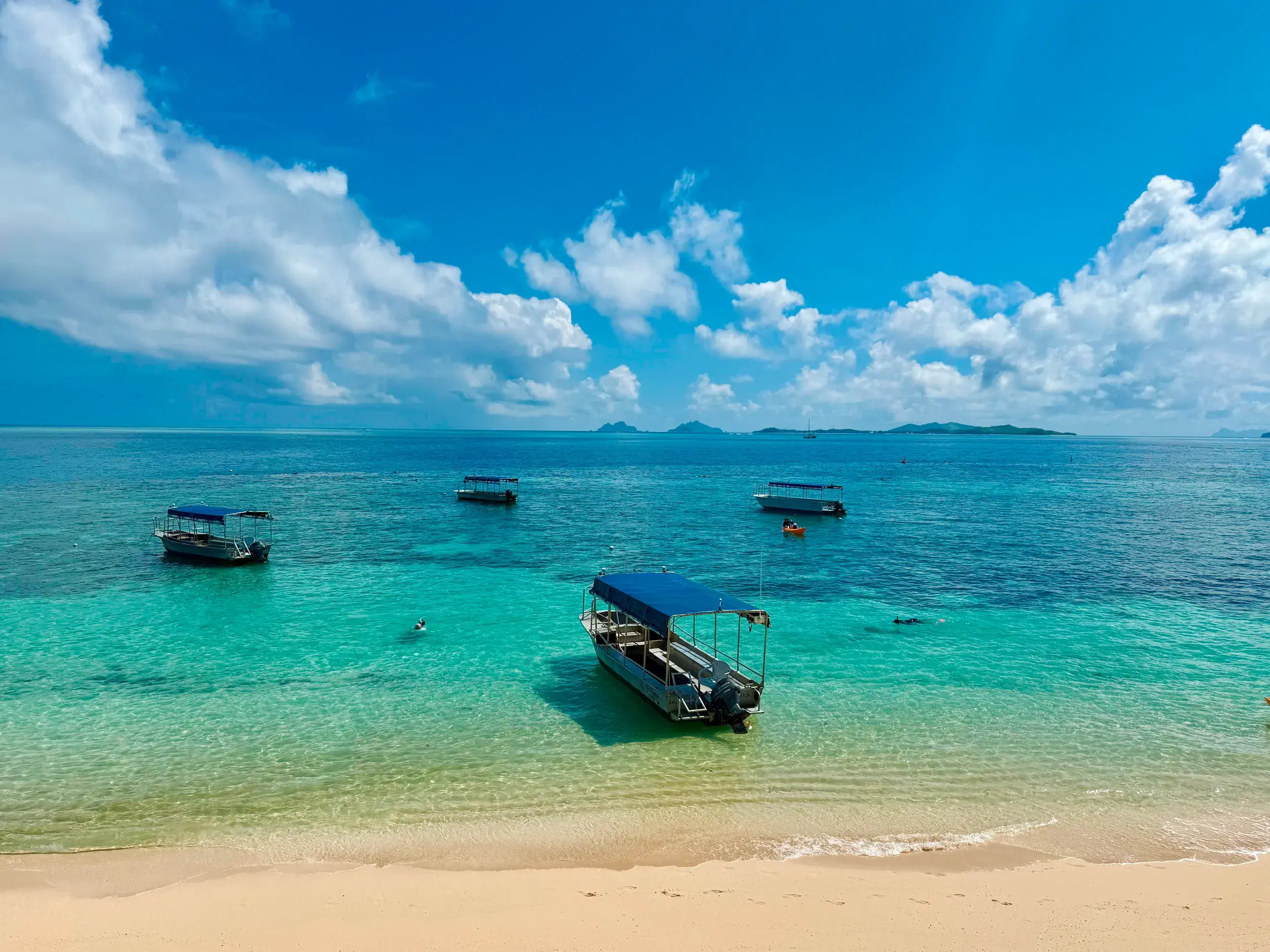 Ausflugsboote mit blauem Dach ankern in der türkisfarbenen Lagune der Mamanuca-Inseln auf Fiji unweit des Sandstrandes.