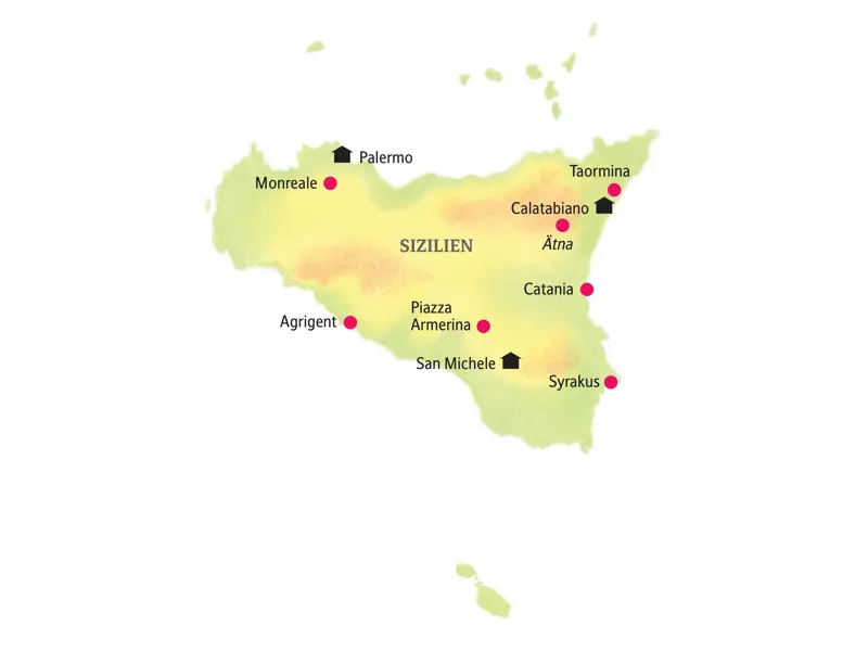 Karte der Kleingruppenreise auf Sizilien mit der Route von Palermo über Agrigent, Syrakus und den Ätna bis nach Taormina.