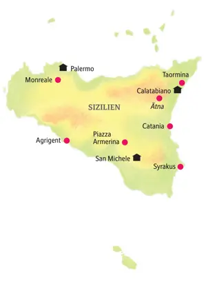 Karte der Kleingruppenreise auf Sizilien mit der Route von Palermo über Agrigent, Syrakus und den Ätna bis nach Taormina.