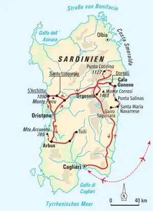 Karte der Hauser Wanderreise auf Sardinien. Die Route führt von Cagliari über Cala Gonone, Orgosolo und die Westküste zurück.