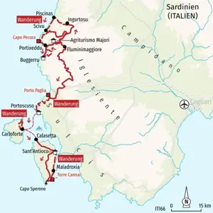 Routenverlauf der Wanderreise in Süd-Sardinien von Buggerru über Portoscuso, die Insel San Pietro, bis zur Insel Sant'Antioco.