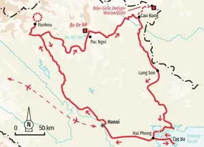 Routenkarte der Trekkingreise durch Nordvietnam. Der Verlauf: Hanoi, Panhou, Ba Be Nationalpark, Cao Bang und die Halong-Bucht.