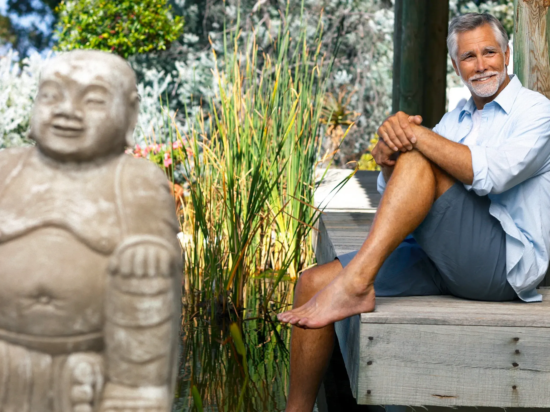 Ein entspannter Mann genießt auf einer Holzterrasse in einem japanischen Garten einen Moment der Ruhe neben einer Buddha-Statue.