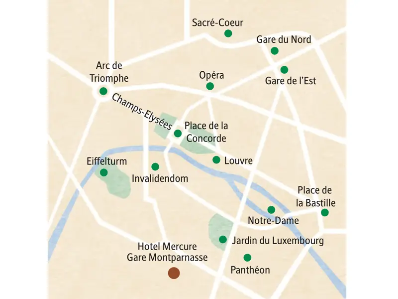 Karte der Studiosus Familienreise in Paris mit den wichtigsten Stationen wie dem Eiffelturm, Louvre, Notre-Dame und Montmartre.