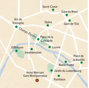 Karte der Studiosus Familienreise in Paris mit den wichtigsten Stationen wie dem Eiffelturm, Louvre, Notre-Dame und Montmartre.