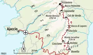 Routenverlauf der Trekkingreise auf Korsika (GR20) von Bavella über den Monte Incudine und Col de Verde nach Vizzavona.