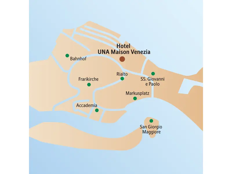 Lageplan der Venedig-Studienreise: Das Hotel UNA Maison und die Highlights Markusplatz, Rialto, Frarikirche und Accademia.