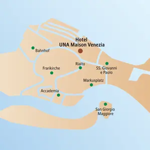 Lageplan der Venedig-Studienreise: Das Hotel UNA Maison und die Highlights Markusplatz, Rialto, Frarikirche und Accademia.