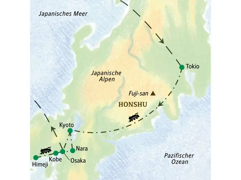 Karte der Studiosus Studienreise in Japan: Die Route führt von Tokio über Kobe und Himeji, Nara und Kyoto bis nach Osaka.