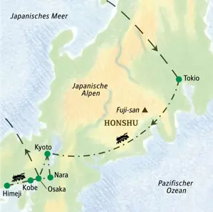 Karte der Studiosus Studienreise in Japan: Die Route führt von Tokio über Kobe und Himeji, Nara und Kyoto bis nach Osaka.
