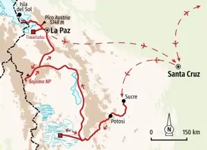 Karte der Trekkingreise in Bolivien von Santa Cruz über Sucre, Potosi, Salar de Uyuni und den Sajama NP nach La Paz.