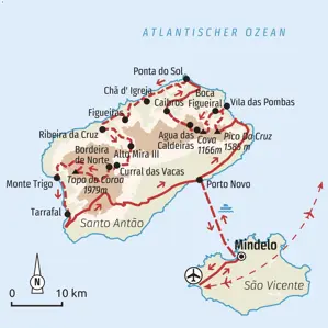 Karte der Trekkingreise auf den Kapverden: Die Route führt von Mindelo auf São Vicente quer über die Wanderinsel Santo Antão.