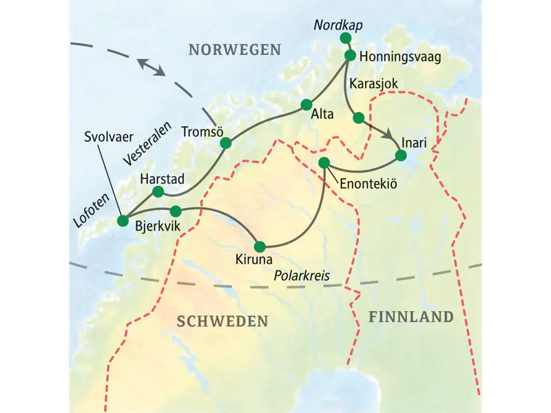 Karte der geführten Rundreise in Nord-Skandinavien durch die Länder Norwegen, Finnland und Schweden von Tromsö über Alta, das Nordkap, Inari, Kiruna und die Lofoten.