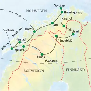 Karte der geführten Rundreise in Nord-Skandinavien durch die Länder Norwegen, Finnland und Schweden von Tromsö über Alta, das Nordkap, Inari, Kiruna und die Lofoten.