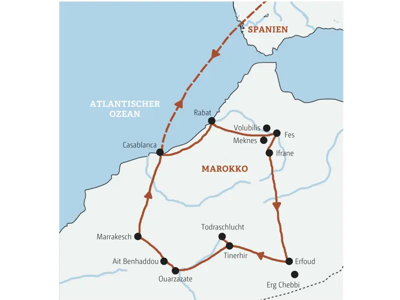Reiseroute der geführten Rundreise "Marokko -Königsstädte, Sahara & Hoher Atlas" von Casablanca über die Königsstädte Rabat und Fes bis in die Sahara bei Erfoud.