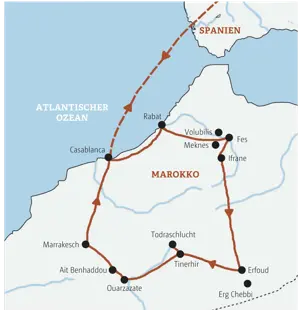 Reiseroute der geführten Rundreise "Marokko -Königsstädte, Sahara & Hoher Atlas" von Casablanca über die Königsstädte Rabat und Fes bis in die Sahara bei Erfoud.