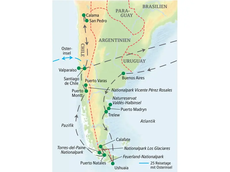 Karte der Studiosus Studienreise durch Argentinien & Chile: Route von Buenos Aires über Patagonien nach Santiago und zur Osterinsel.