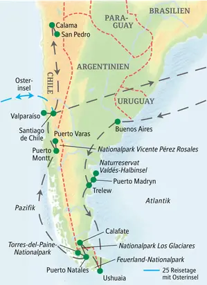 Karte der Studiosus Studienreise durch Argentinien & Chile: Route von Buenos Aires über Patagonien nach Santiago und zur Osterinsel.