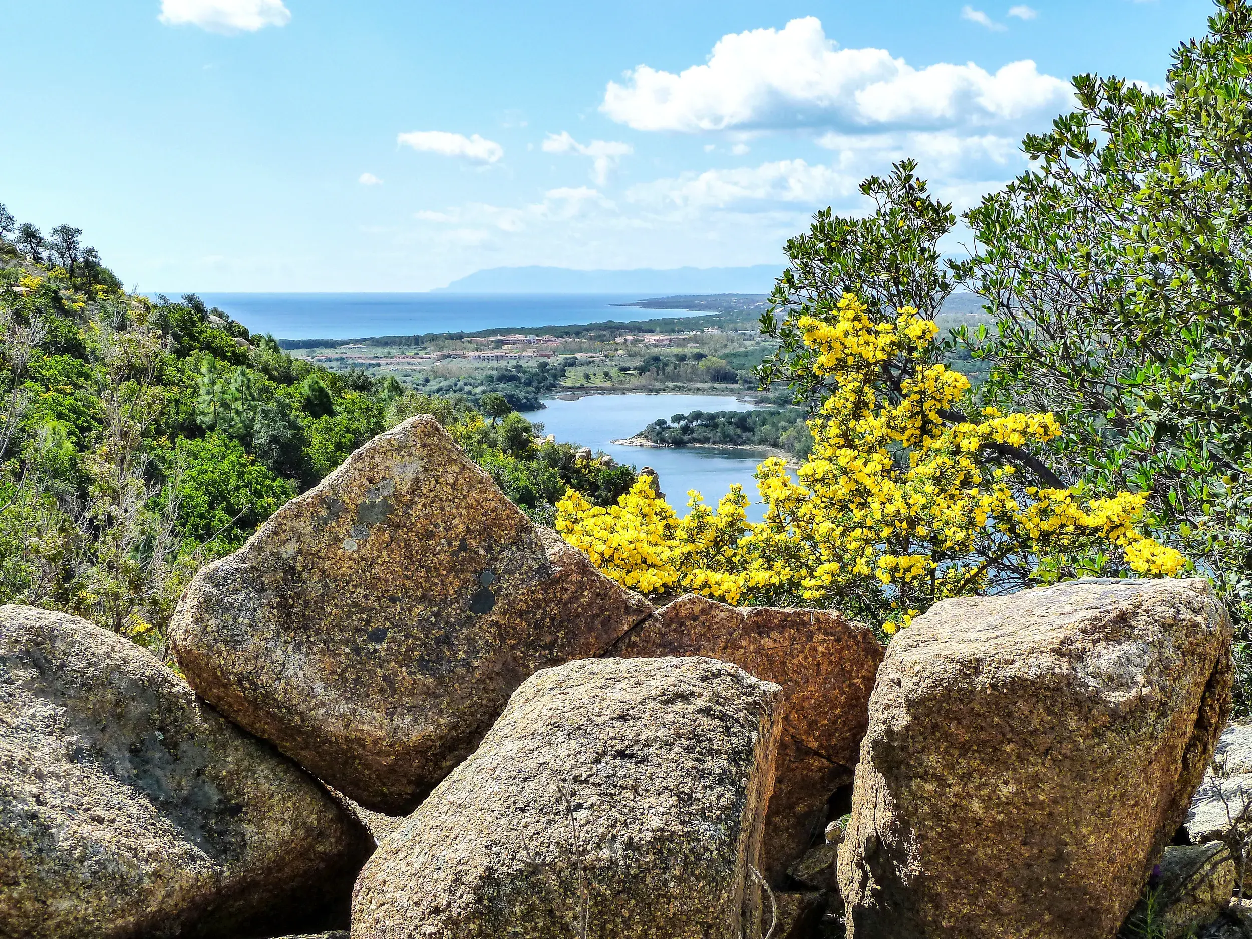 Aussichtspunkt einer Wanderung auf Sardinien mit Blick über Granitfelsen und gelb blühende Macchia auf die Küste und das Meer.