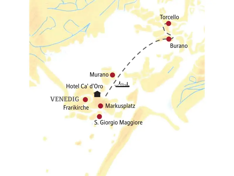 Karte der Kleingruppenreise in Venedig mit Route zu den Inseln Murano, Burano und Torcello sowie zum Markusplatz.