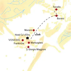 Karte der Kleingruppenreise in Venedig mit Route zu den Inseln Murano, Burano und Torcello sowie zum Markusplatz.