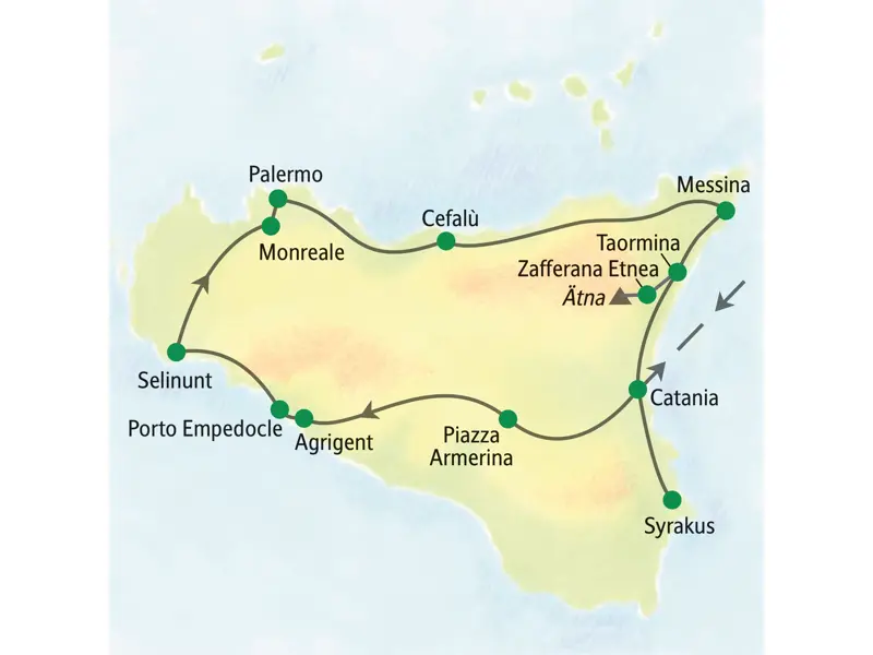Karte der Studiosus Studienreise auf Sizilien: Die Route führt von Palermo über Agrigent, Syrakus, Taormina und Catania.