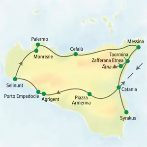 Karte der Studiosus Studienreise auf Sizilien: Die Route führt von Palermo über Agrigent, Syrakus, Taormina und Catania.