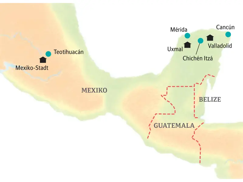 Routenverlauf der Kleingruppenreise in Mexiko: von Mexiko-Stadt nach Yukatan mit Stopps in Mérida, Uxmal und Chichén Itzá.
