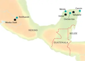 Routenverlauf der Kleingruppenreise in Mexiko: von Mexiko-Stadt nach Yukatan mit Stopps in Mérida, Uxmal und Chichén Itzá.